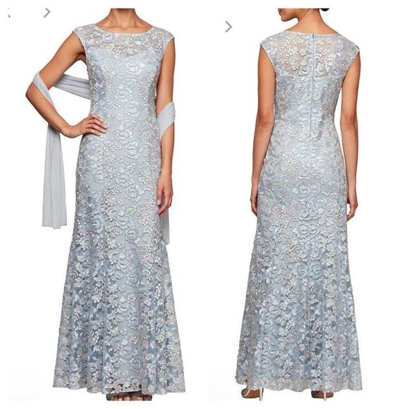 NEW Alex Evenings Embroidered Tulle Lace Fit & Flare Illusion Neckline gown maxi - Picture 1 of 11